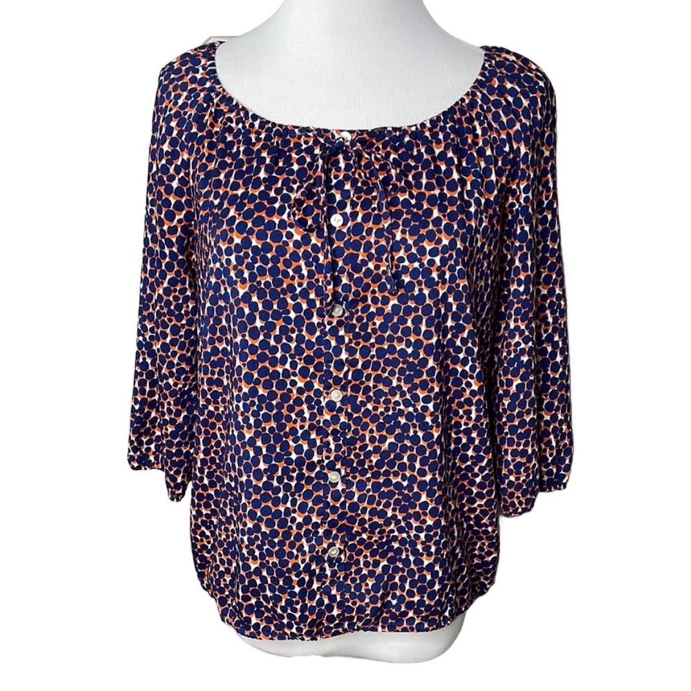 Ann Taylor Blue and Orange Dot Print Petite Blouse